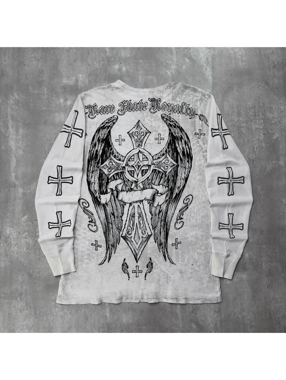 Y2K Raw Blue Grunge Angel Cross Thermal Long Sleeve Shirt